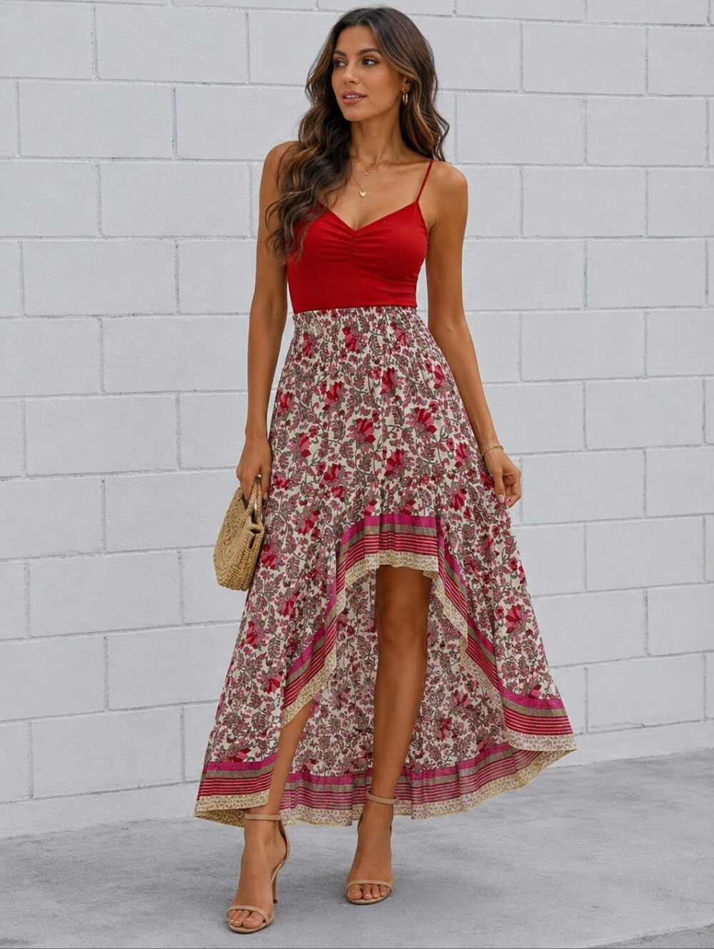 Red Printed Hi-Low Maxi Skirt